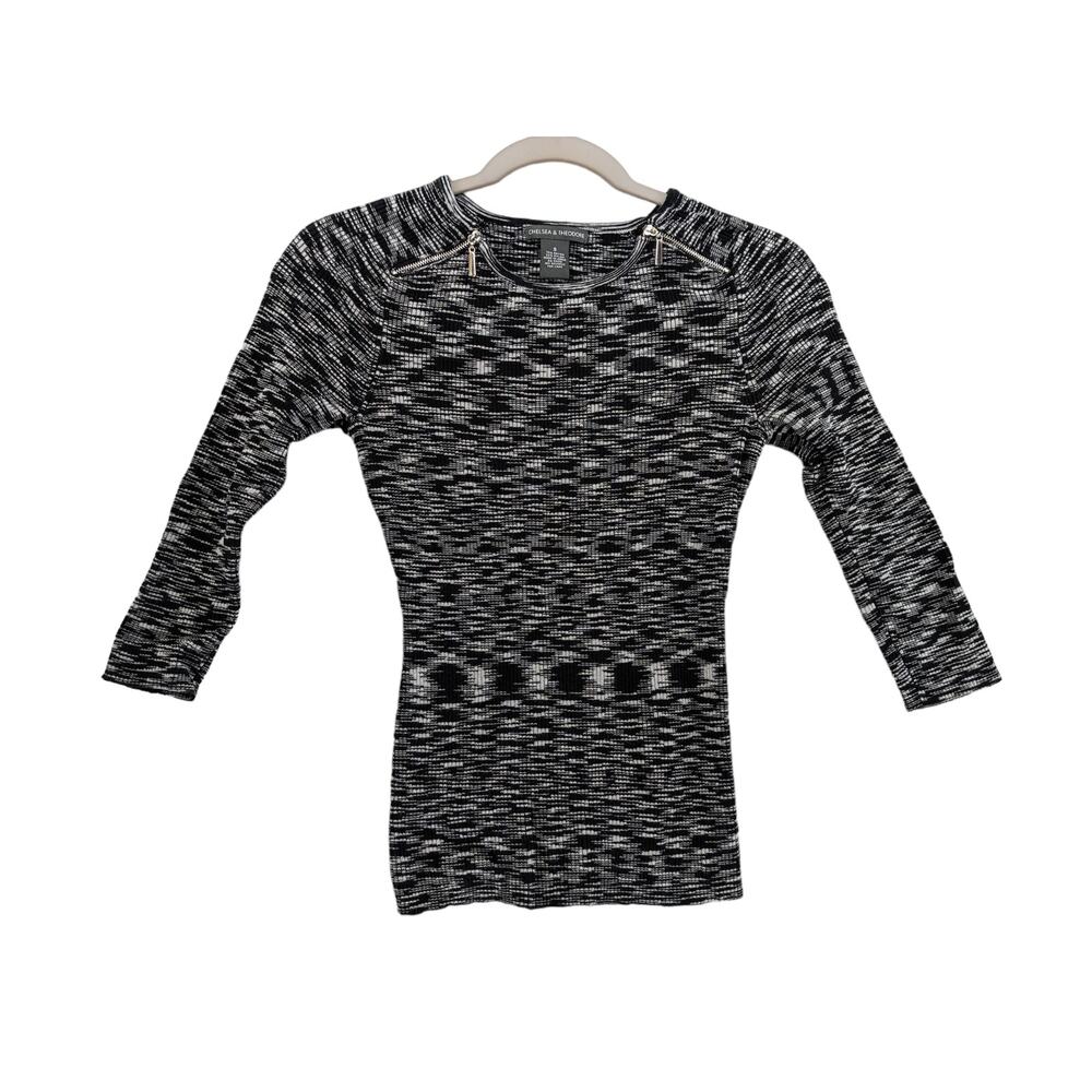 Chelsea & Theodore Fitted Sweater Top S Gray Black Marled Shoulder Zip Stretch‎